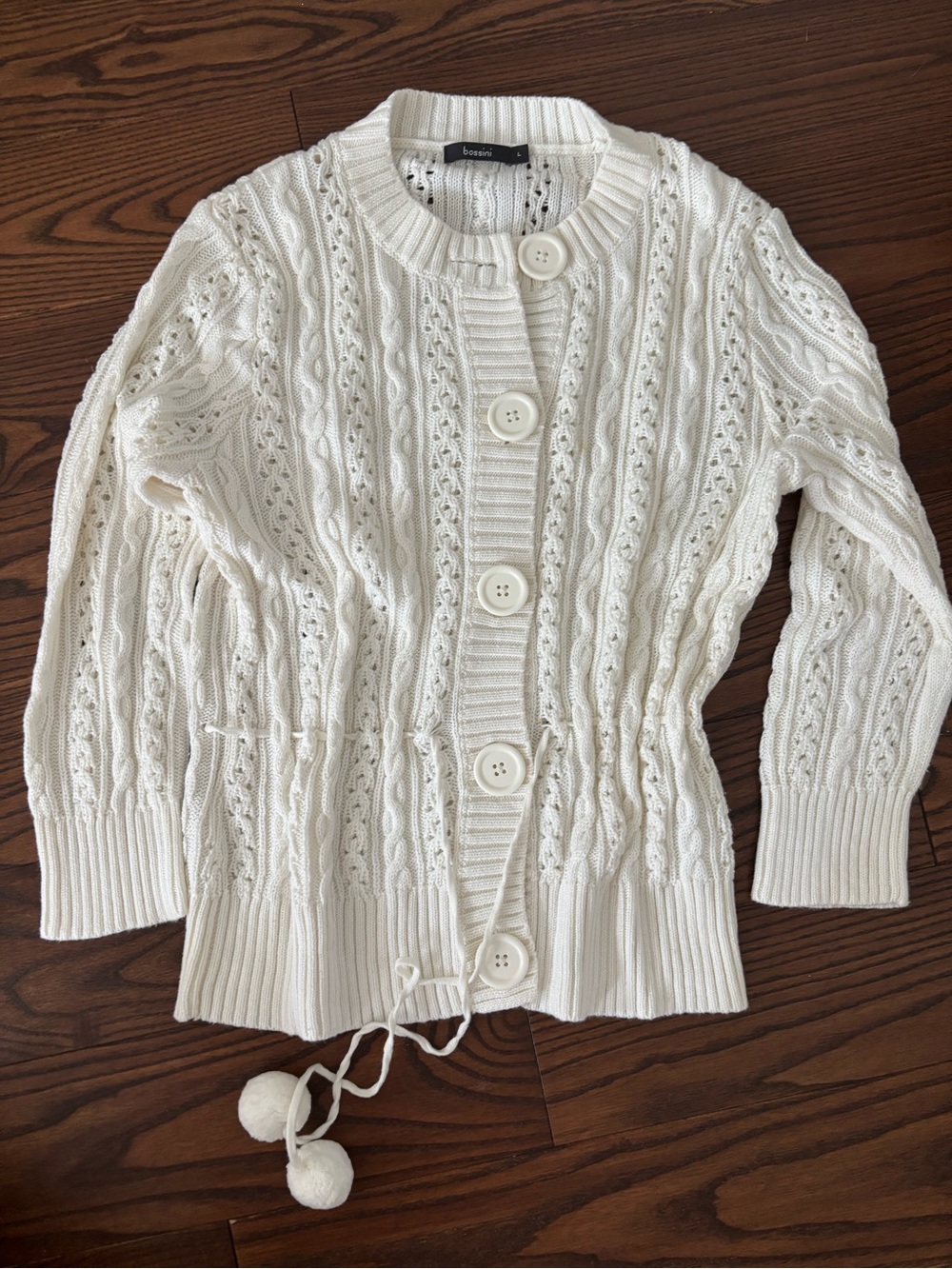 Cable-Knit White Button Cardigan with Pom-Tie Detail